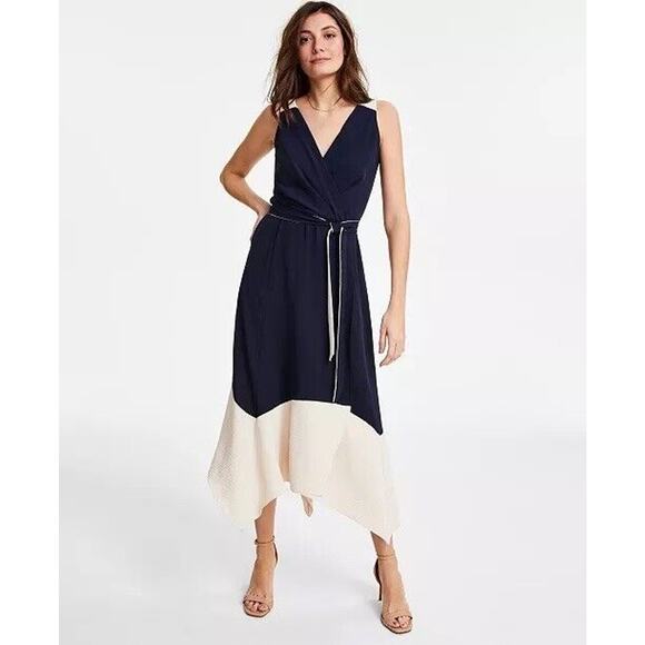 Dkny Dresses & Skirts - DKNY Colorblocked Belted Faux-Wrap Dress Navy Beige Size 16